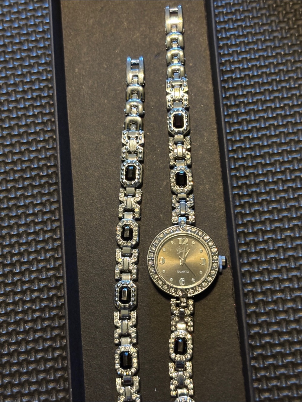 Silver-Tone Crystal Bracelet Watch with Black Accents
